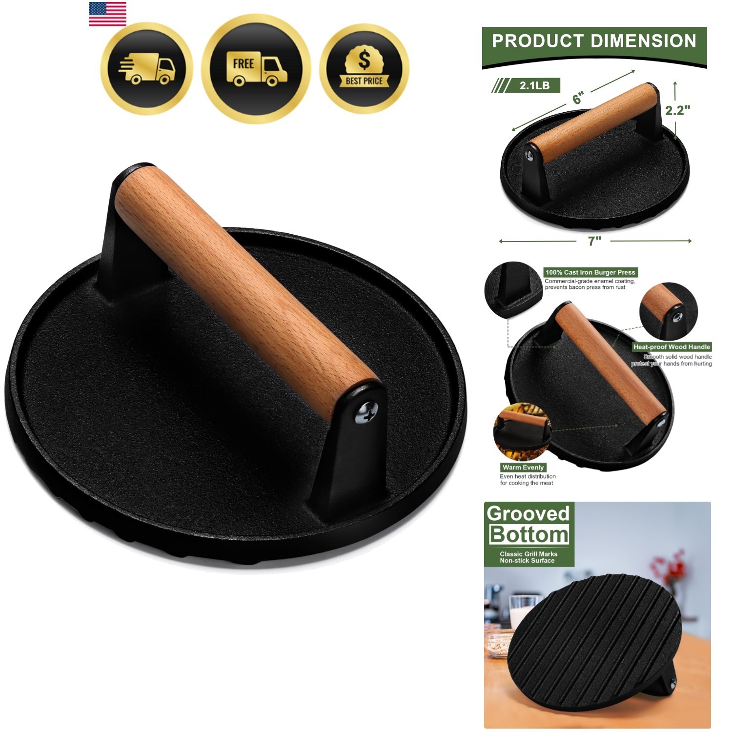 Burger Press, 7" Round Heavy-Duty Cast Iron Smash Bacon Press Meat Steak with... gallery