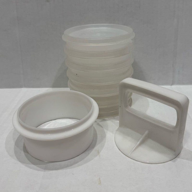 Vintage Tupperware 4" Hamburger Press + 6 Patty Holders + Lid gallery