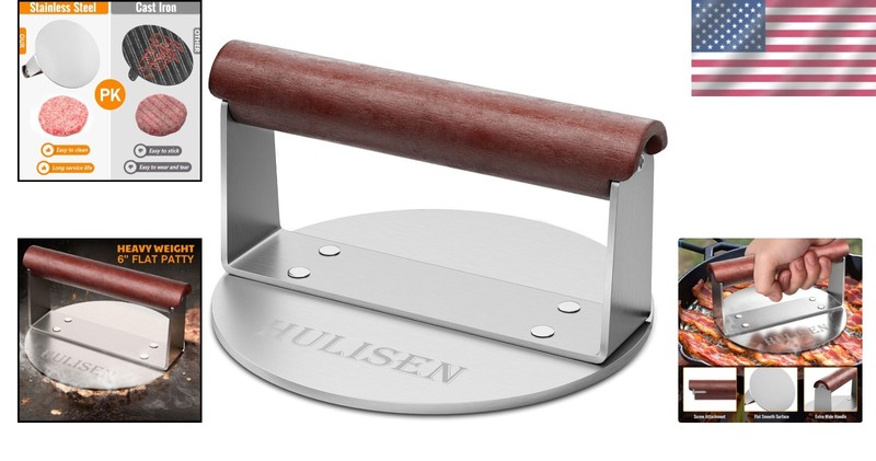 Heavy-Duty 6" Stainless Steel Burger Smasher, Grill Press, Wood Handle, BBQ Tool gallery
