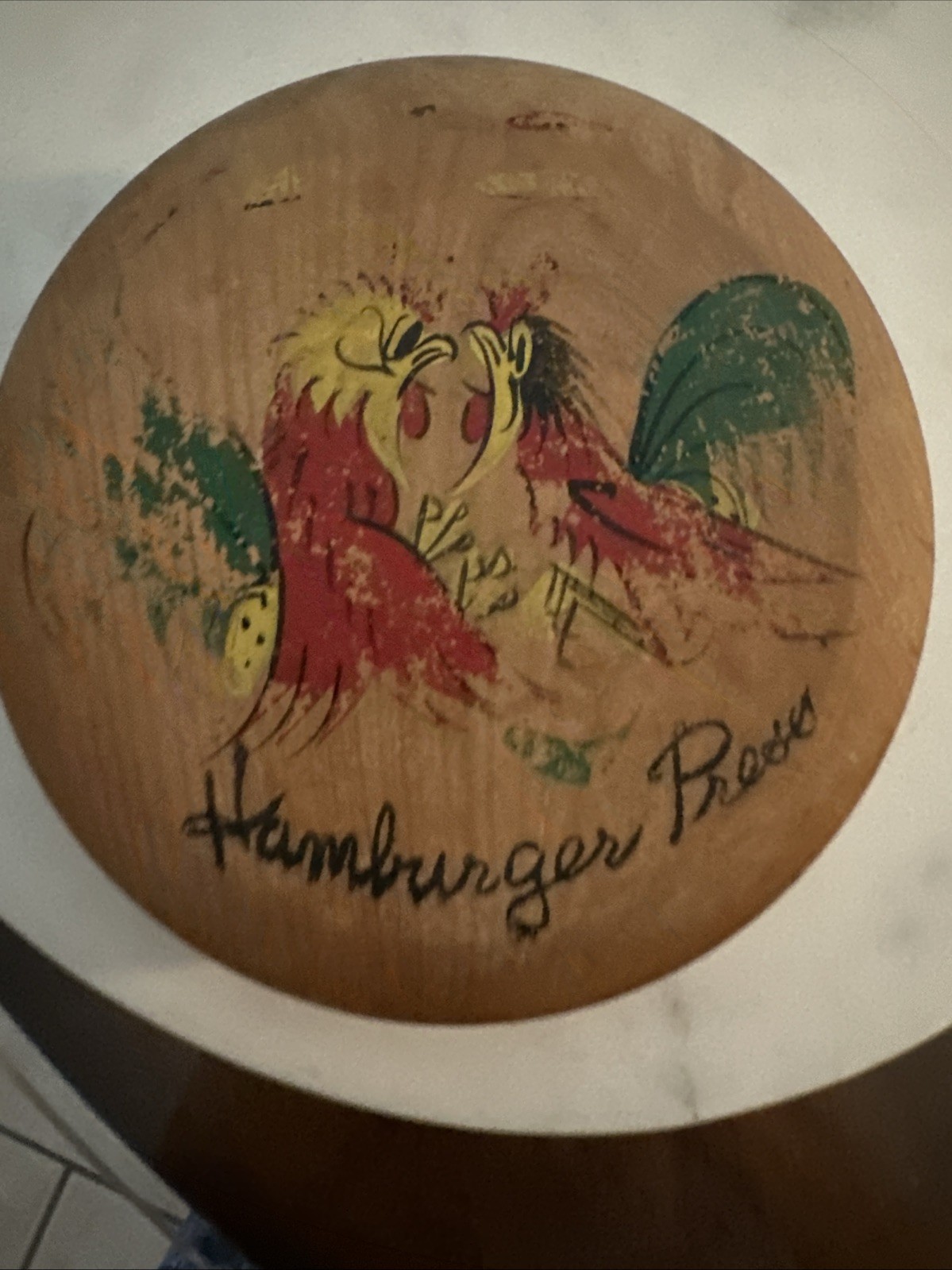 Hamburger Press - Rooster Design - VTG Wooden Round gallery
