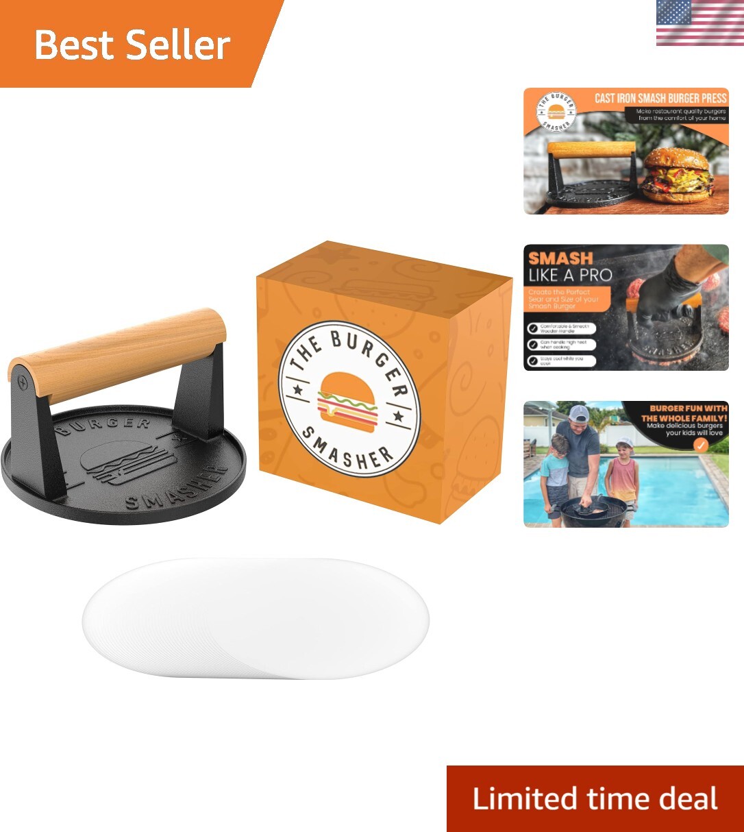 Pre Seasoned Heavy Duty Cast Iron Burger Press - Smash Burger Press Kit, Gril... gallery
