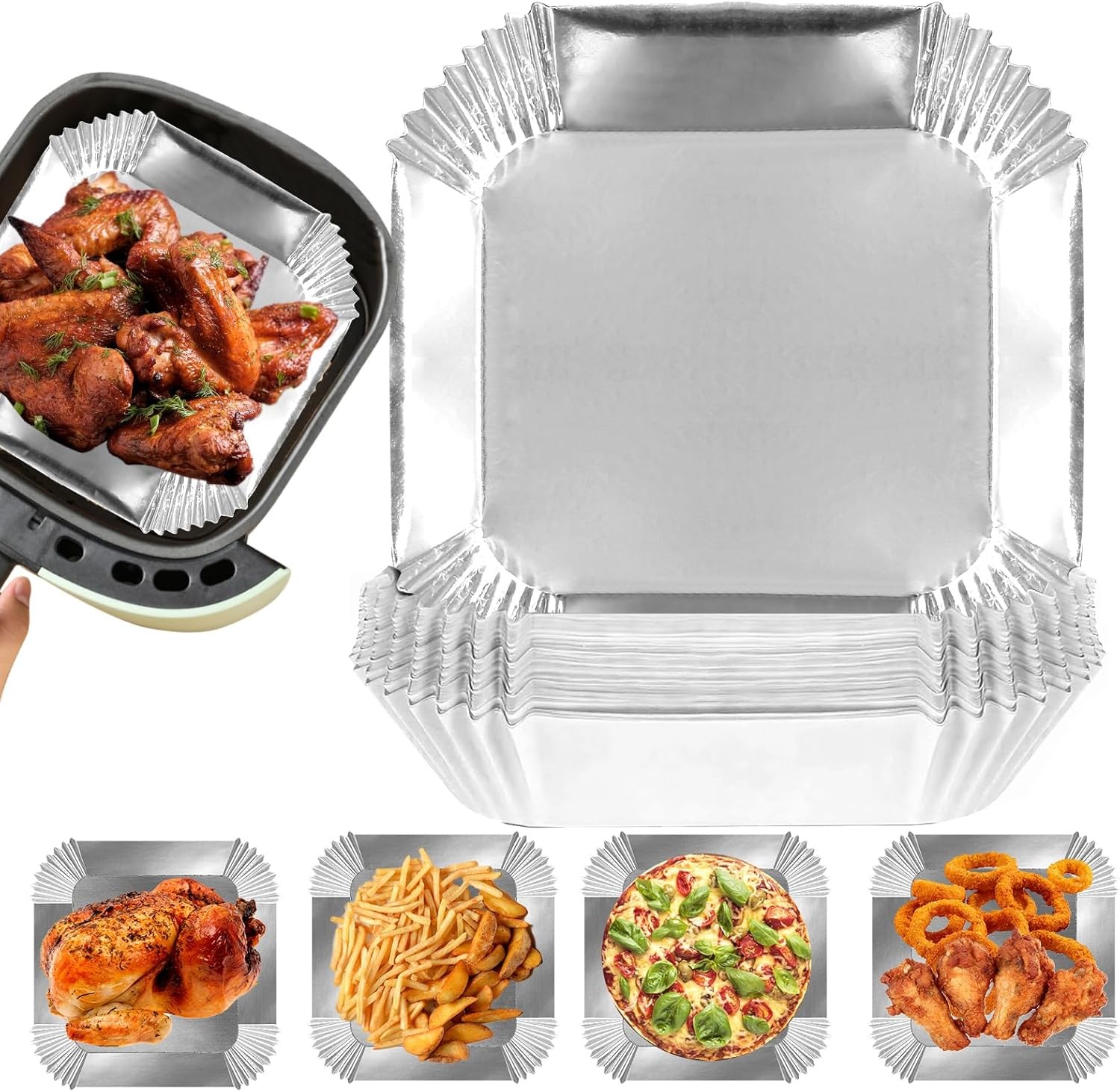 Air Fryer Paper Liners, 100Pcs Aluminum Foil 6.3Square-100PCS, Silver gallery