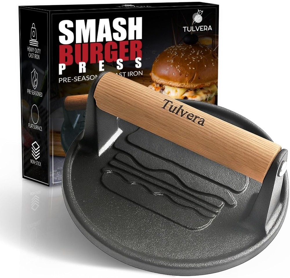 Smash Burger Press Cast Iron Hamburger Smasher Tool Flat-Edge Meat Press