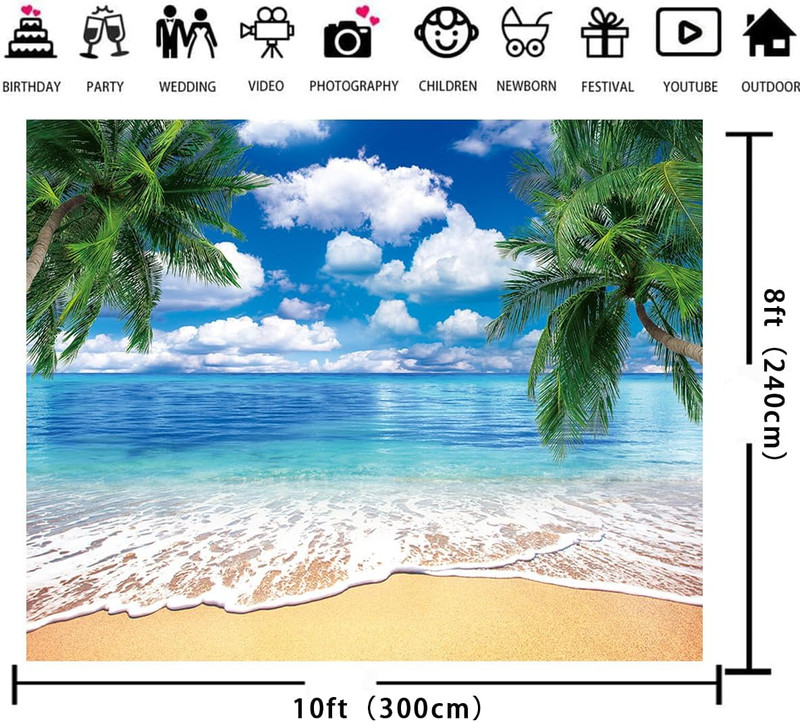 10X8Ft Summer Beach Backdrop, Tropical Palm Leaves, Hawaiian Photo Background gallery