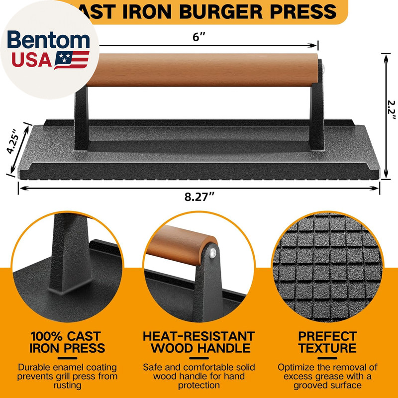 Cast Iron Grill Press-1Pcs, Heavy Duty Bacon/Burger/Griddle/Chef Press with Wood gallery