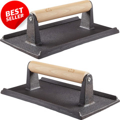 Cast Iron Grill Press 2Pk Pre Seasoned Steak Burger Weight Wood Handle BBQ – US