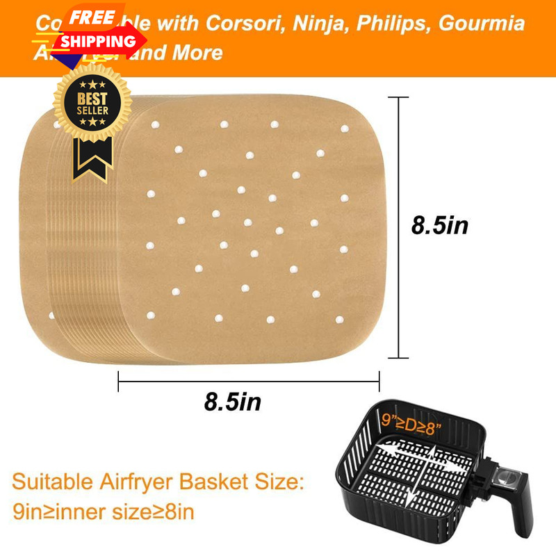 Air Fryer Parchment Paper, Set of 200, 8.5 Inch Unbleached 8.5inch, Brown gallery