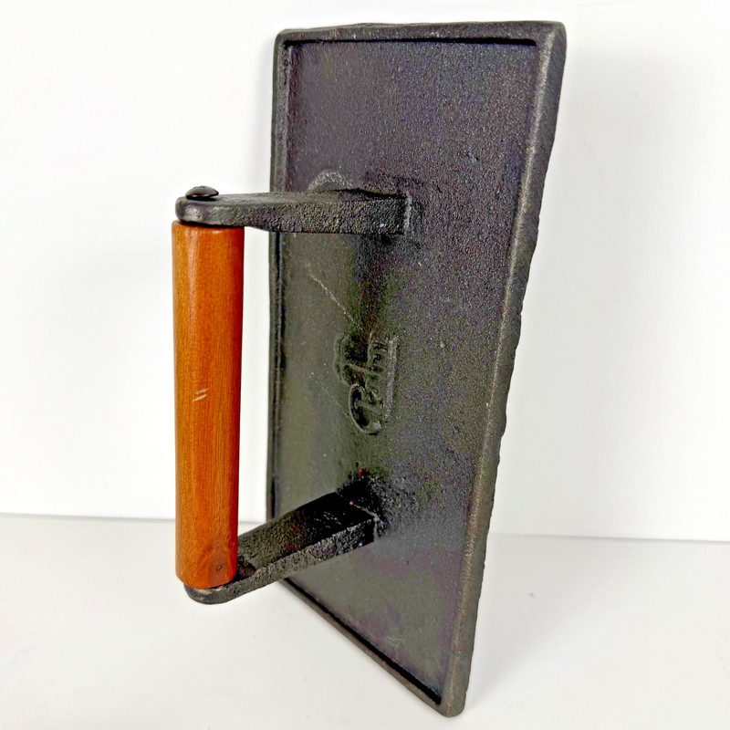 Vintage Palm Cast Iron Grill Press Bacon Press Steak Weight Wood Handle gallery
