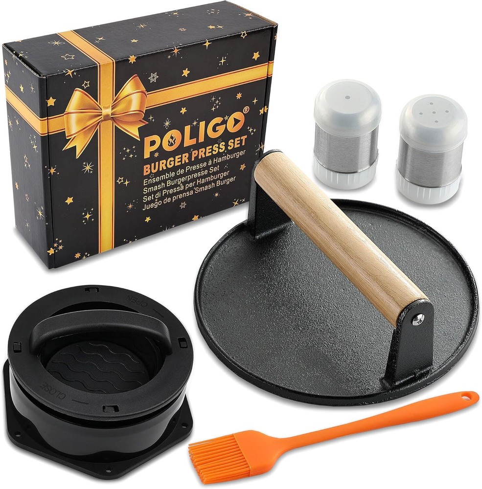 POLIGO 5PC Smash Burger Press Kit- Round Non Stick Smash Burger Press Set
