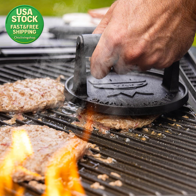 Cast Iron Burger Press with 25 Patty Papers and Black Wood Handle gallery
