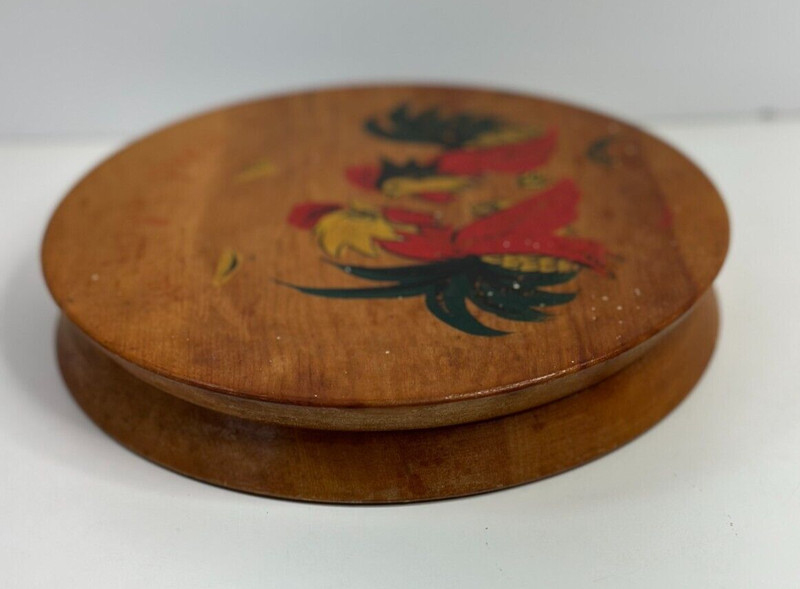 Vintage Japanese BURGER PRESS Hand Painted Hinged Wooden Red Green Roosters gallery