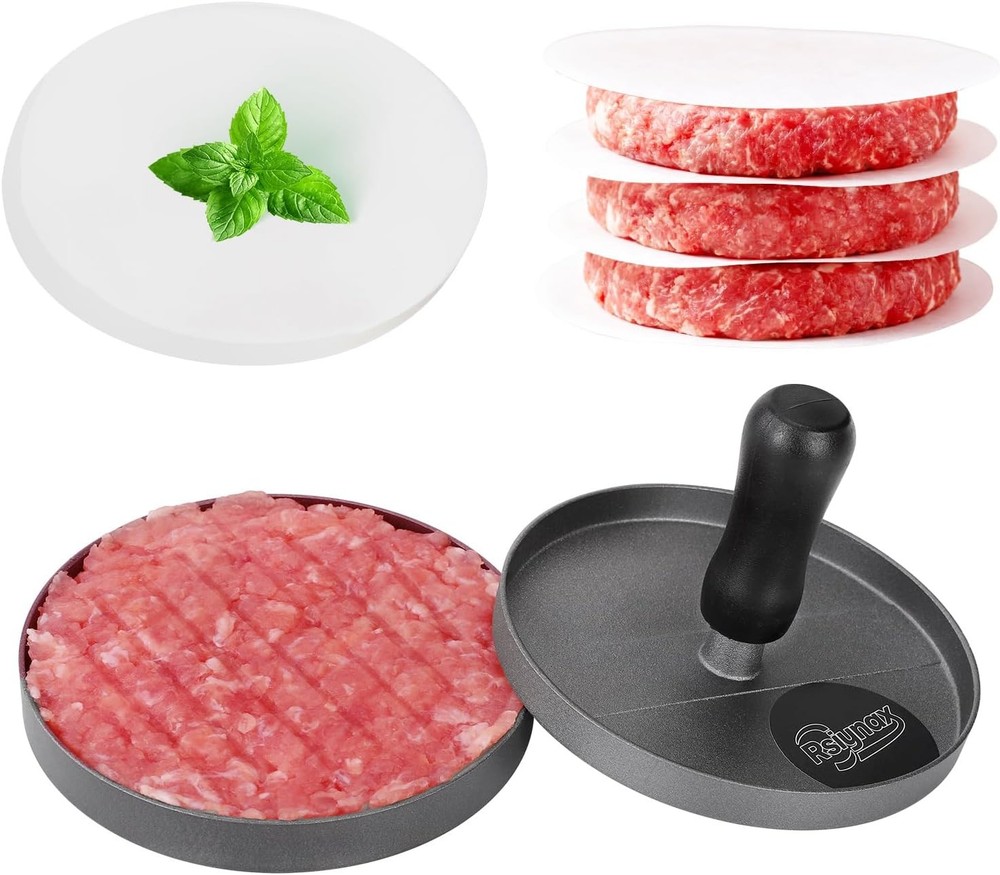 Burger Press Patty Maker Non-Stick Aluminum Hamburger Mold W/ 100 Patty Papers