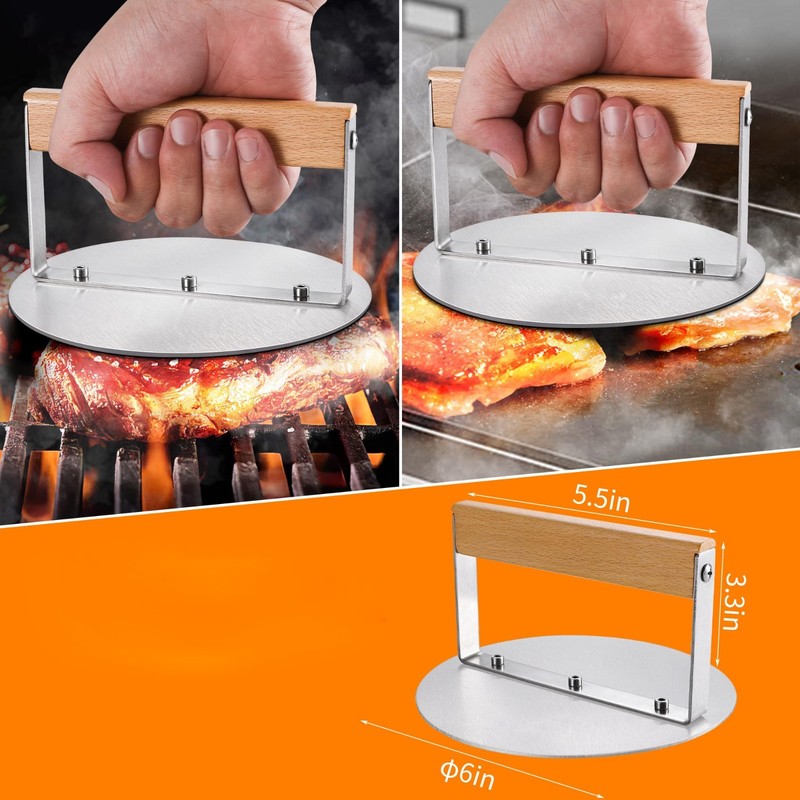 Burger Press 6 Inch, Stainless Steel Hamburger Smasher, Grill Tool, Silver gallery