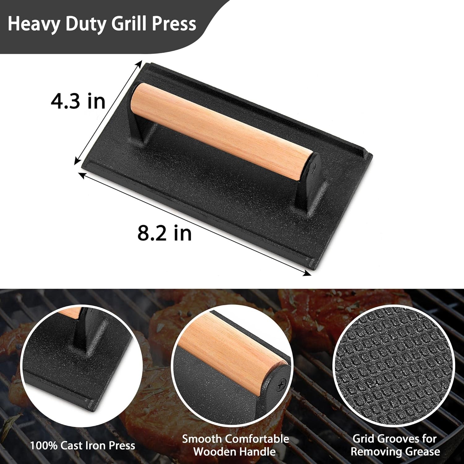 3Pcs Cast Iron Grill Press, Heavy Duty Bacon Press with Wood Handle, Pre-Seas... gallery
