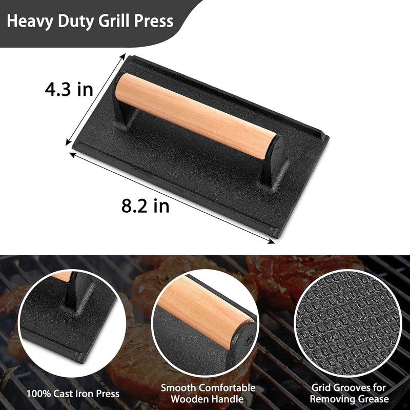 3Pcs Cast Iron Grill Press, Heavy Duty Bacon Press with Wood Handle, Pre-Seas... gallery