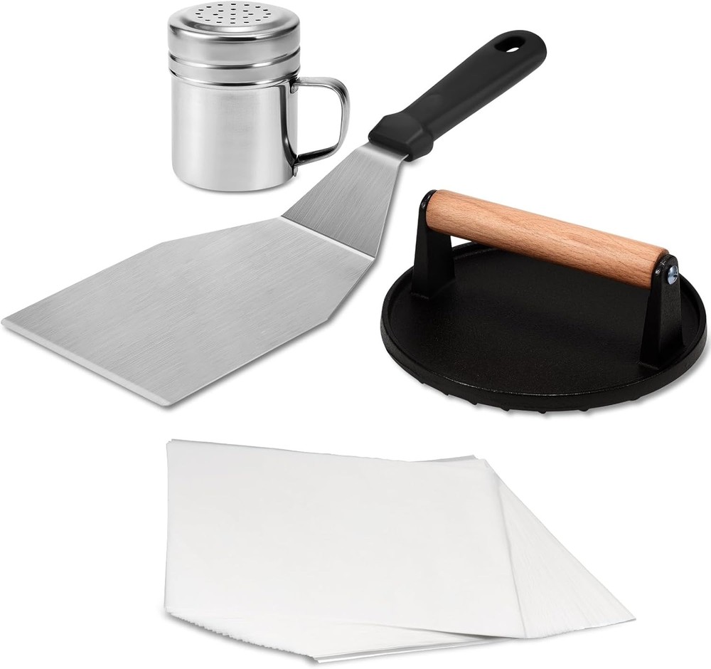 Smash Burger Kit Cast Iron Press Spatula Seasoning Shaker Patty Papers for Flat