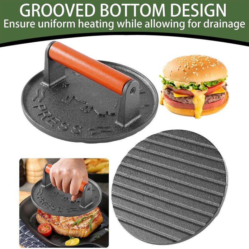 Burger Press, Heavy Duty Cast Iron Grill Bacon Press with Stay-Cool Wood Hand... gallery