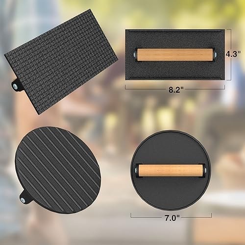 Cast Iron Burger Press 7 Inch Round 8.2x4.3 Rectangle Smash Bacon Griddle Grill gallery