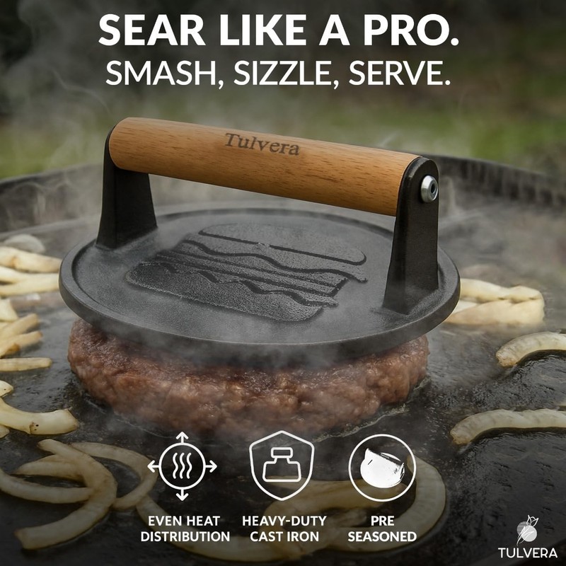 Cast Iron Burger Press | Flat-Edge Meat Smasher Tool for Grilling & BBQ | Pre-Se gallery