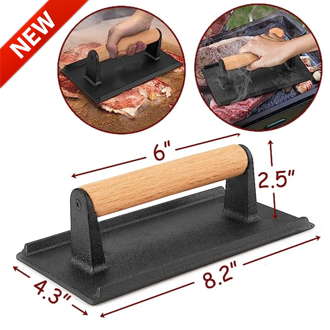 Cast Iron Grill Press Burger Bacon Steak 8" x 4" For Flat Top Griddle Heavy Duty gallery