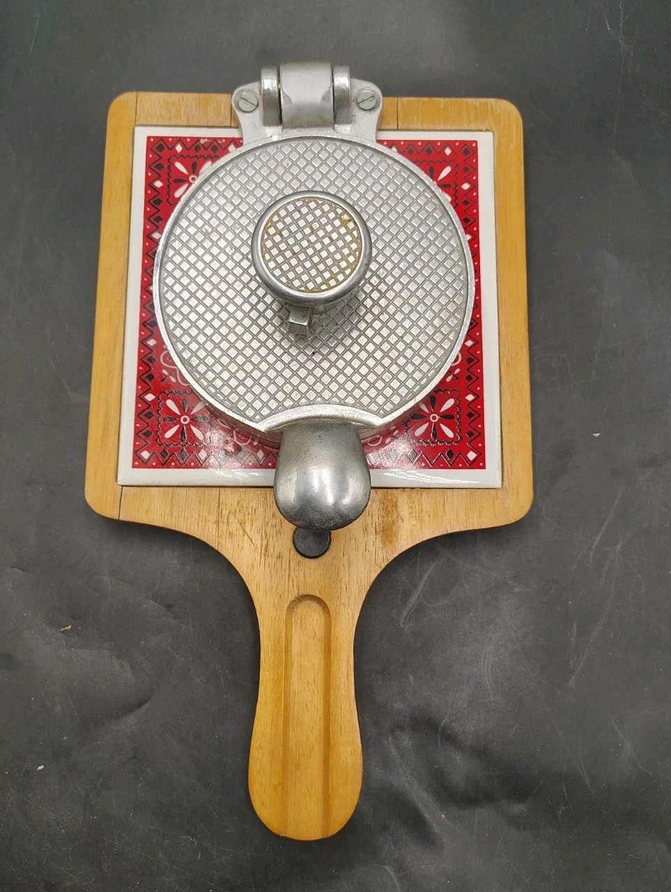 VTG Retro Wooden Paddle Hinged Aluminum Hamburger Patty Press Maker Red Bandana gallery