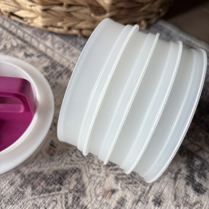 Vintage Tupperware Large Hamburger Patty Press & 5 Keepers Fuchsia Pink No Lid gallery