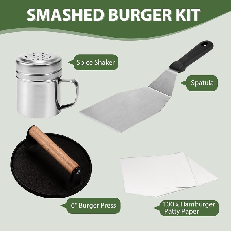 Smash Burger Kit Cast Iron Press Spatula Seasoning Shaker Patty Papers for Flat gallery