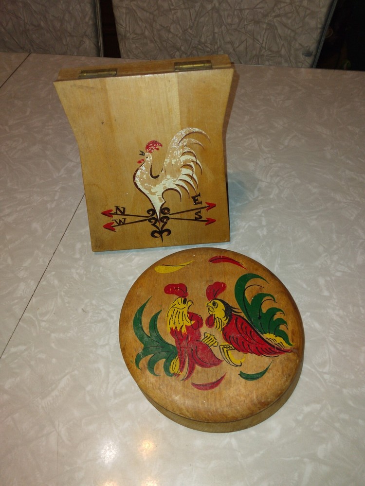Vintage Hamburger Presses (2) Japanese Hinged Wood Roosters Chicken Farm Kitchen