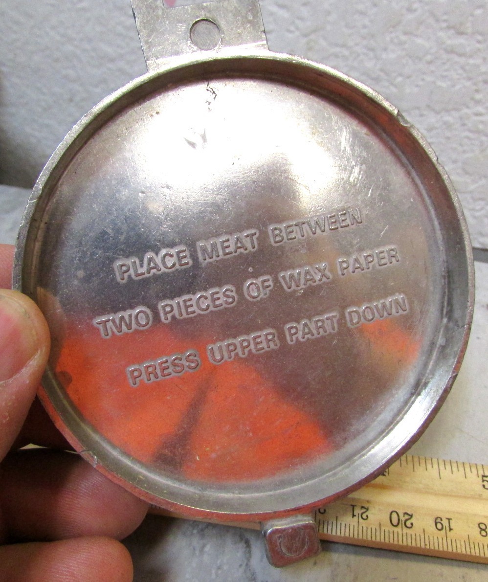 Vintage metal Hamburger Press 3.5 inch, great kitchen decor item gallery