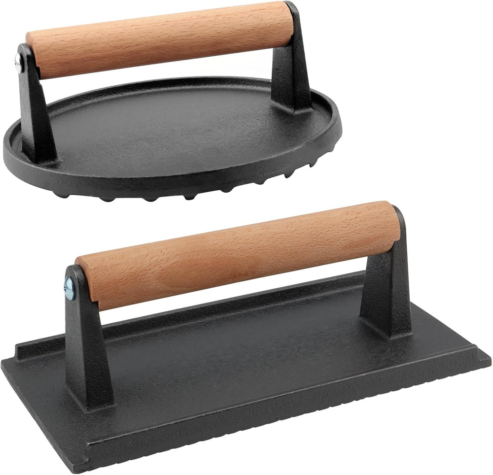 2 Pack Cast Iron Grill Press Set, 6.8" Round & 8" Rectangle Heavy Bacon Griddle