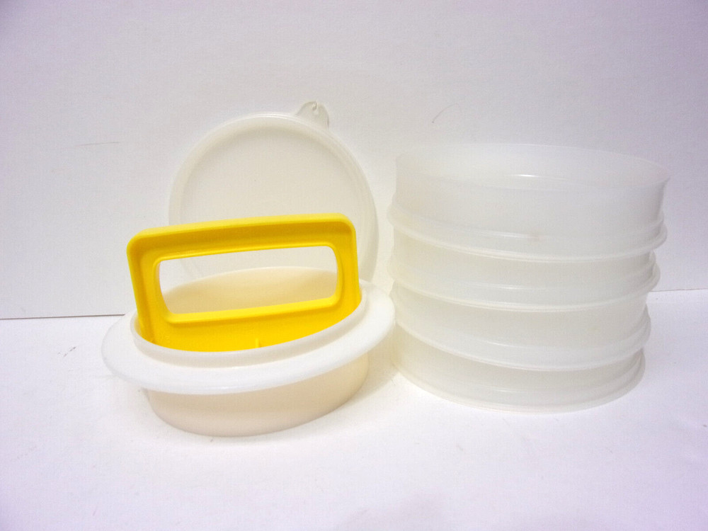 Vintage Tupperware 5 Inch Hamburger Press w lid and press pieces