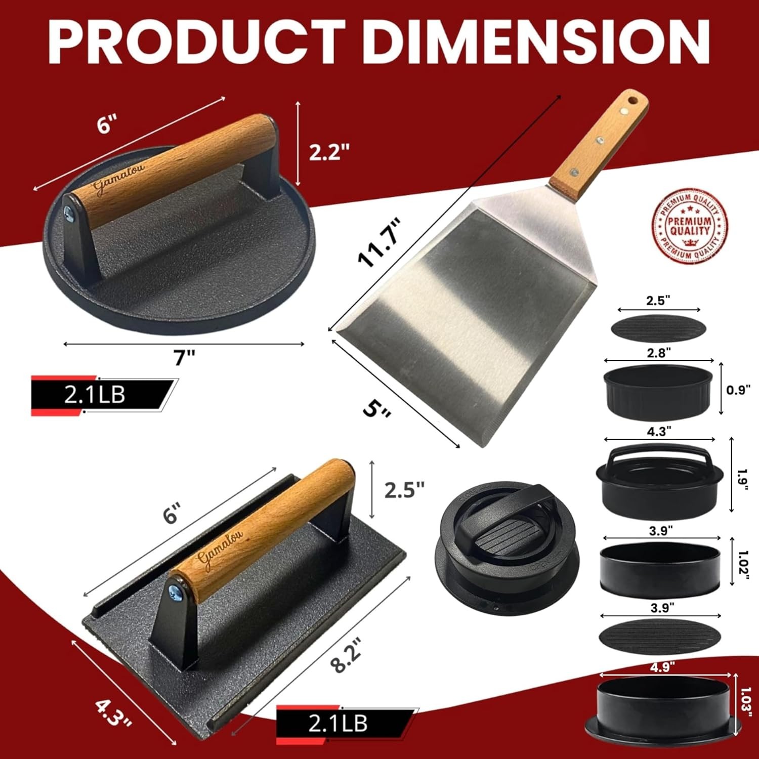 Smashed Burger Press BBQ Kit: 7" Black Round & 8.2x4.3 Rectangle Cast Iron Bacon gallery