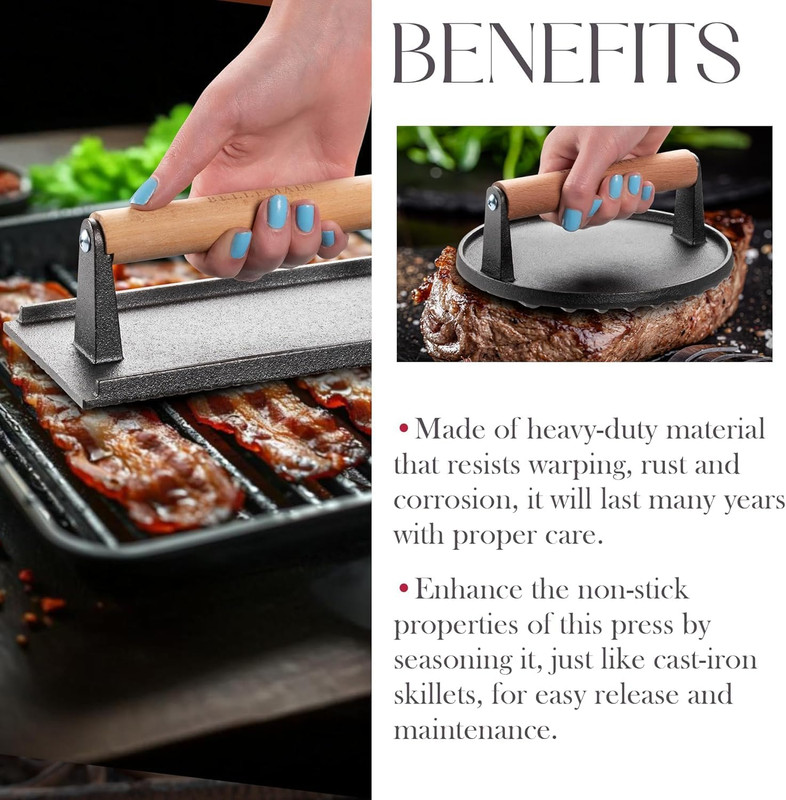 Heavy-Duty Cast Iron Grill Press Set – Perfect Smash Burger Press & Steak Tool w gallery
