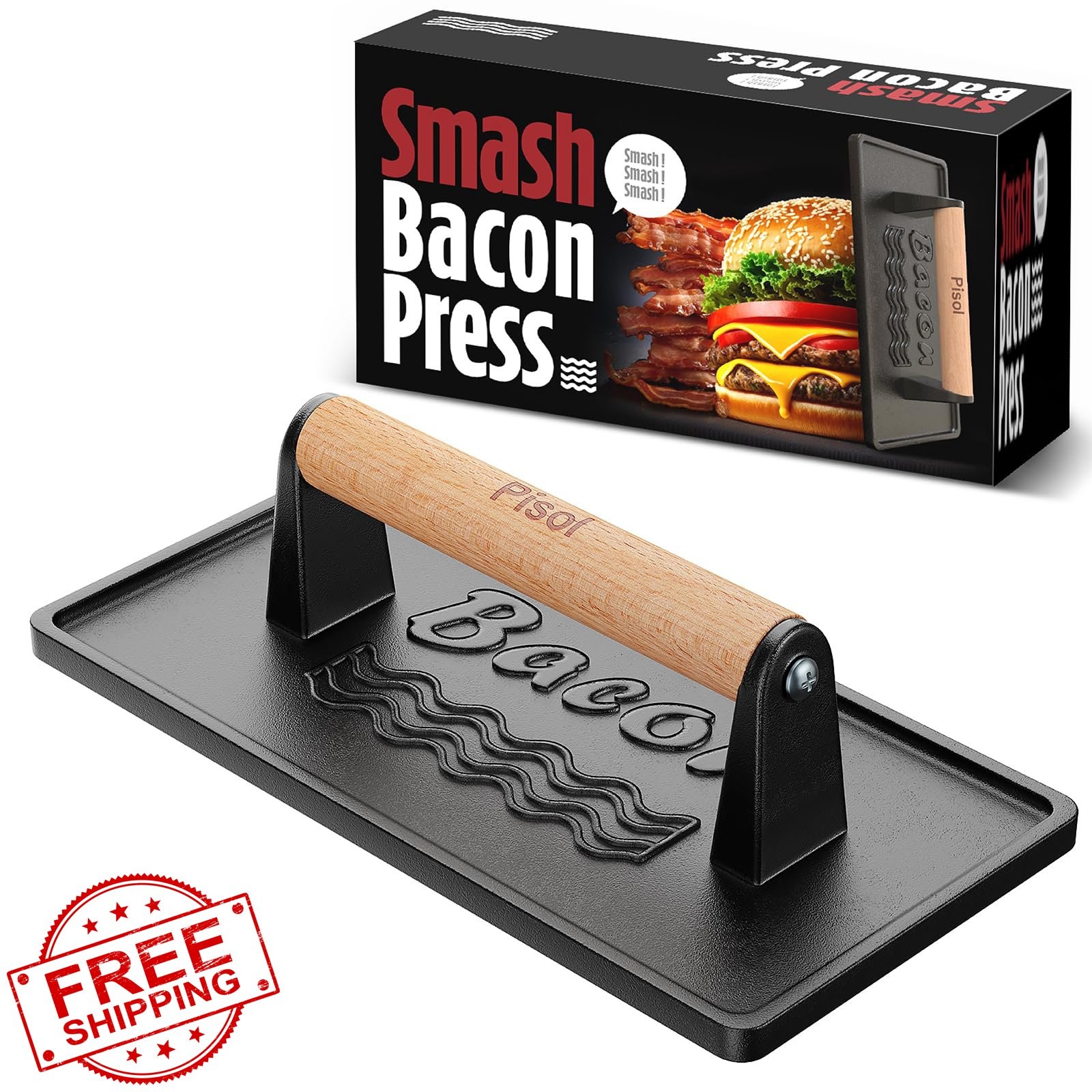 Pisol Bacon Press Smash Burger Press, Pre-Seasoned Cast Iron Hamburger, 2 lb ... gallery
