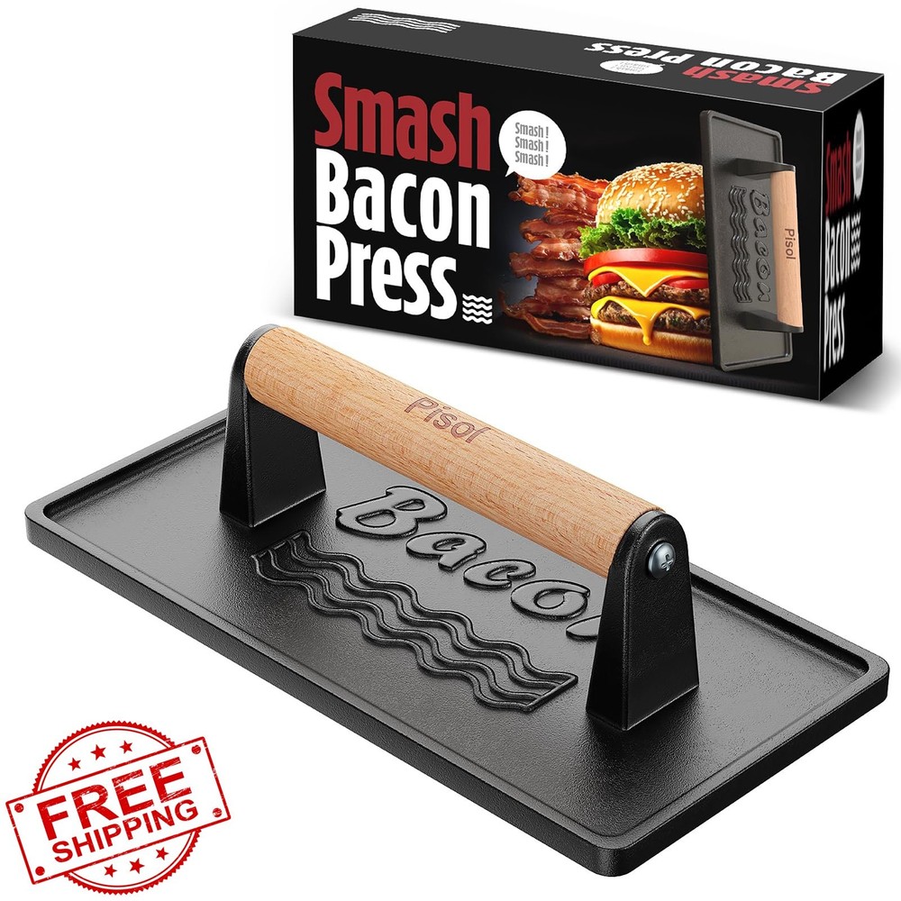 Pisol Bacon Press Smash Burger Press, Pre-Seasoned Cast Iron Hamburger, 2 lb ...