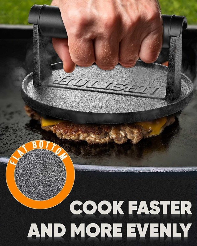 HULISEN Pre-Seasoned Cast Iron Burger Press, Heavy Duty 6“ Round Press gallery