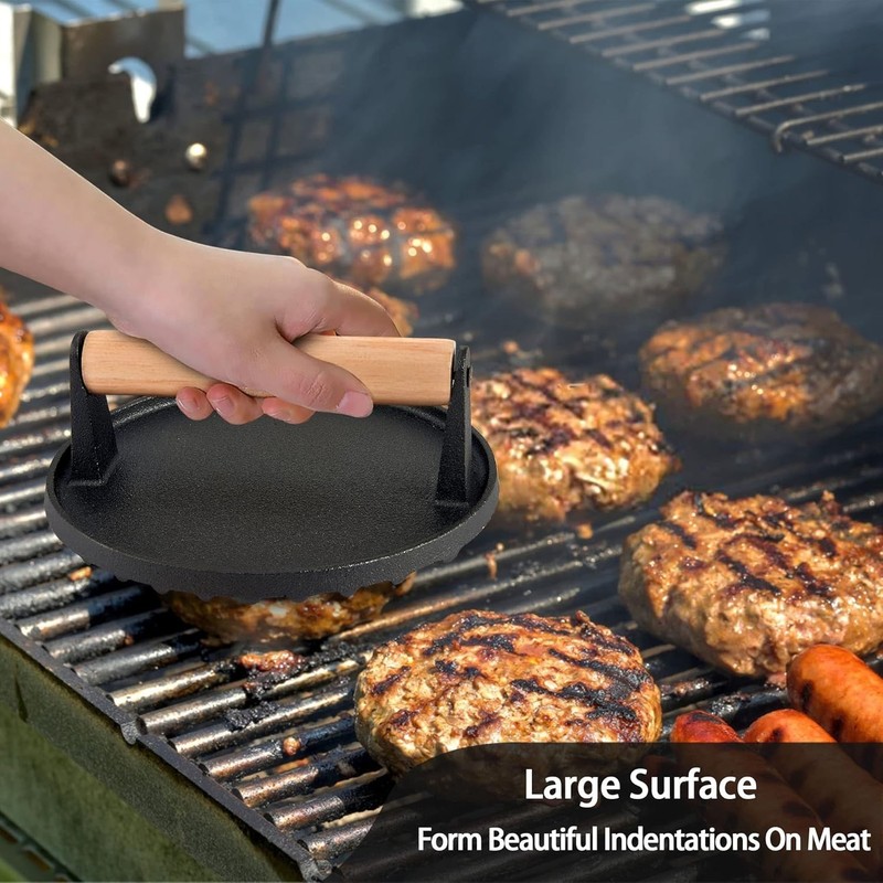 7-Inch Heavy-Duty Cast Iron Burger Press with Wooden Handle - Ideal for Grilling gallery