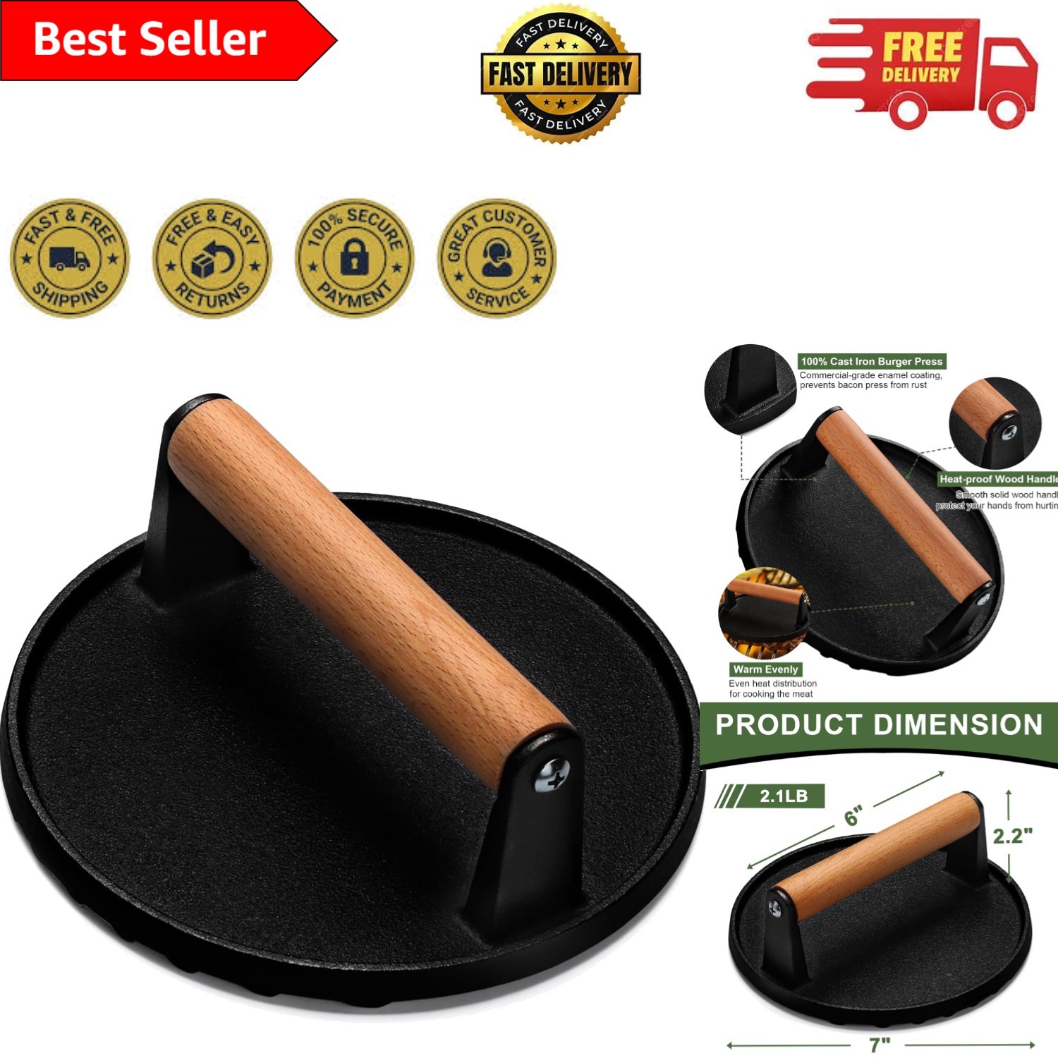 7-Inch Round Cast Iron Burger Press with Wood Handle for Perfect Grilling gallery