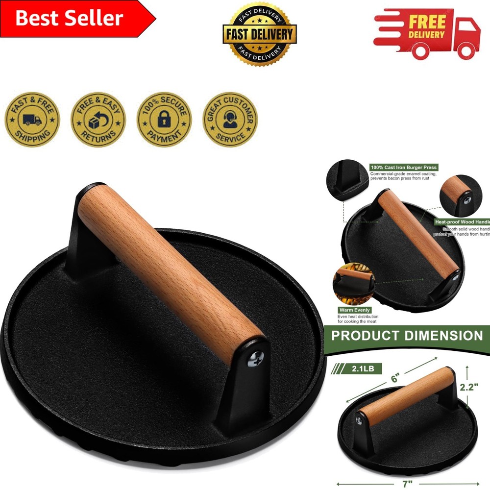 7-Inch Round Cast Iron Burger Press with Wood Handle for Perfect Grilling