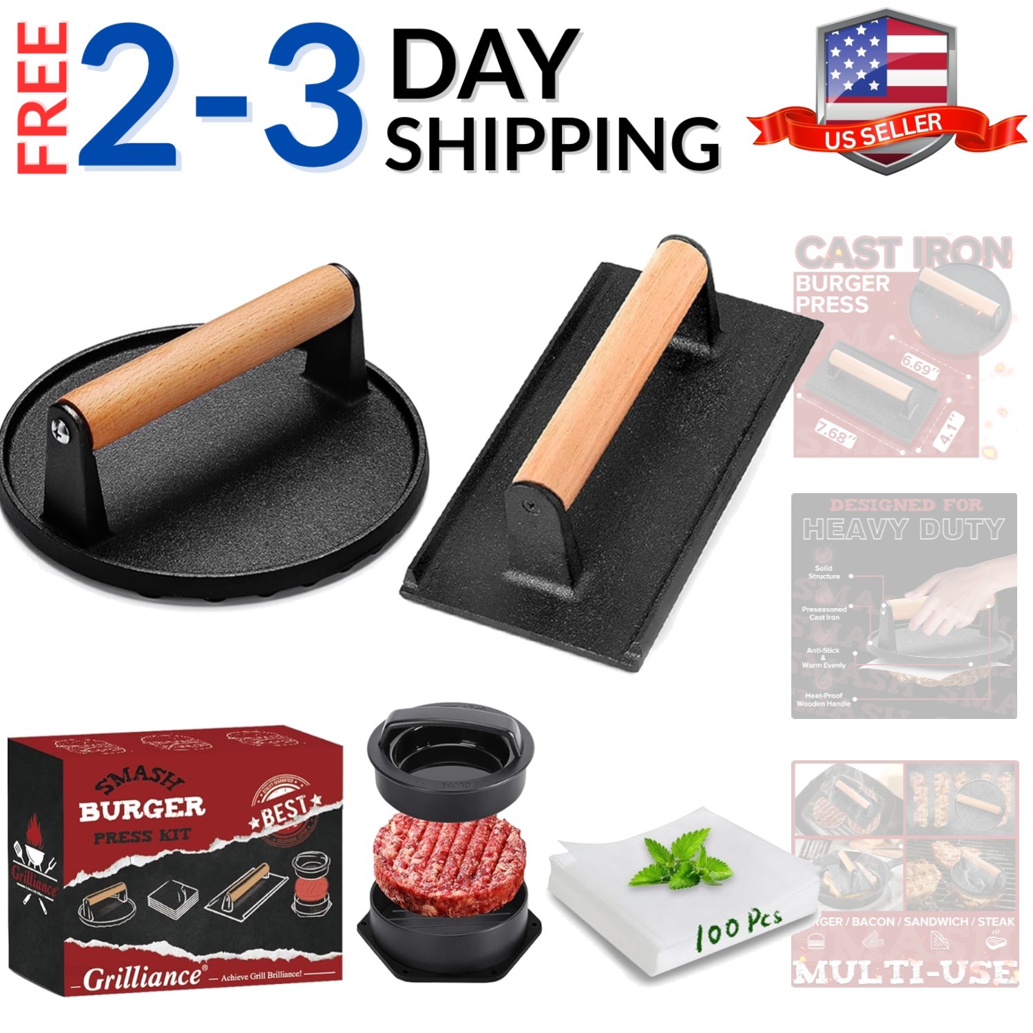 5pcs Smash Burger Press Kit, 3 in 1 Hamburger Press Patty Maker, Cast Iron Bu... gallery