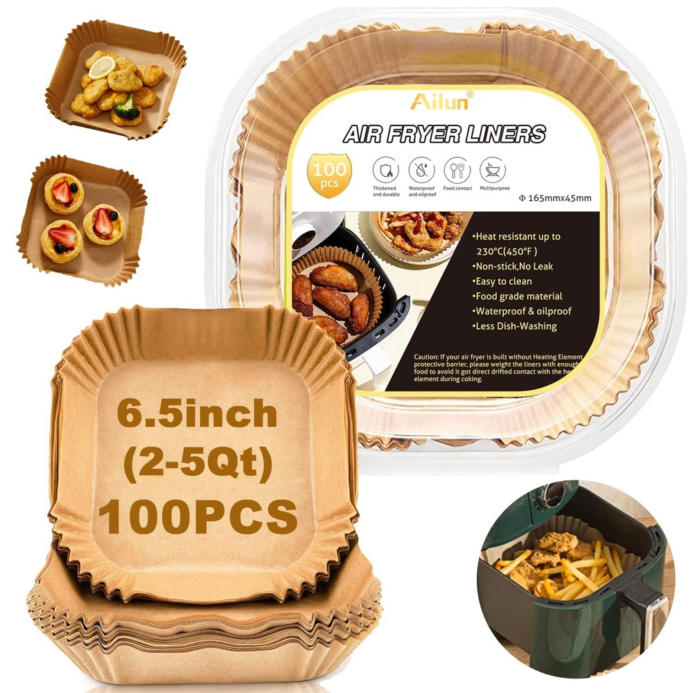 Ailun Air Fryer Paper Liners 6.5inch, 100PCS 6.5"Square-100PCS, Brown