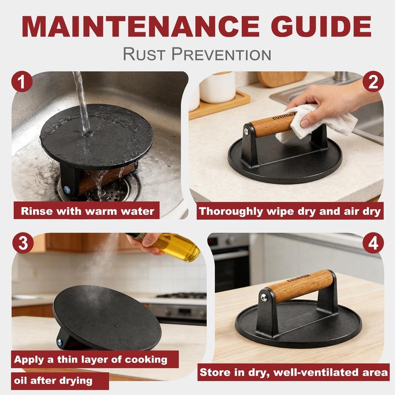 6.3"Cast Iron Smashed Burger Press Heavy-Duty Smasher with Wood Grip Round Flat gallery
