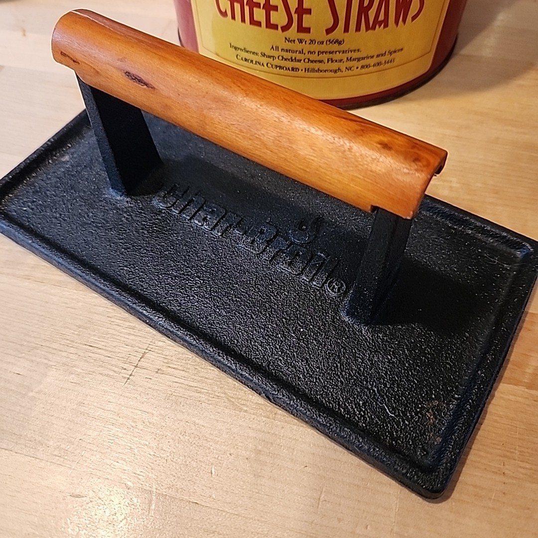 Cast Iron Grill Press 8.75 Bacon Burger Weight Wood Handle Char-Broil gallery