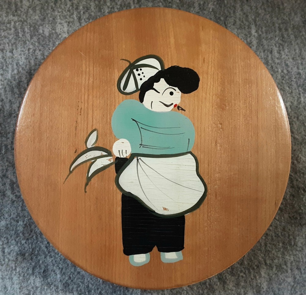 Vintage Wooden Hamburger Patty Press Hinged Lid Hand Painted Chef Japan