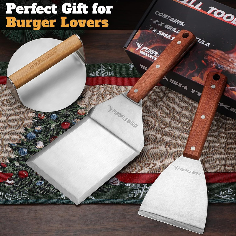 PURPLEBIRD Smash Burger Press Kit 3PCS Set, Stainless Griddle Spatulas Set with gallery