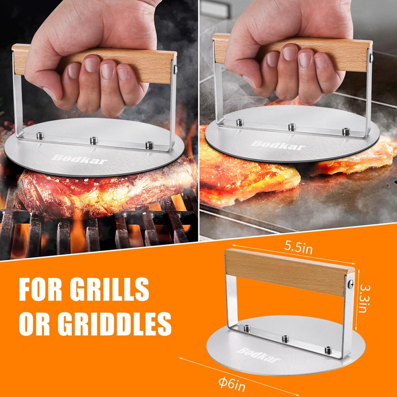 Smash Burger Press Stainless Steel 6 Inch Round Burger Smasher With Wood Handle gallery