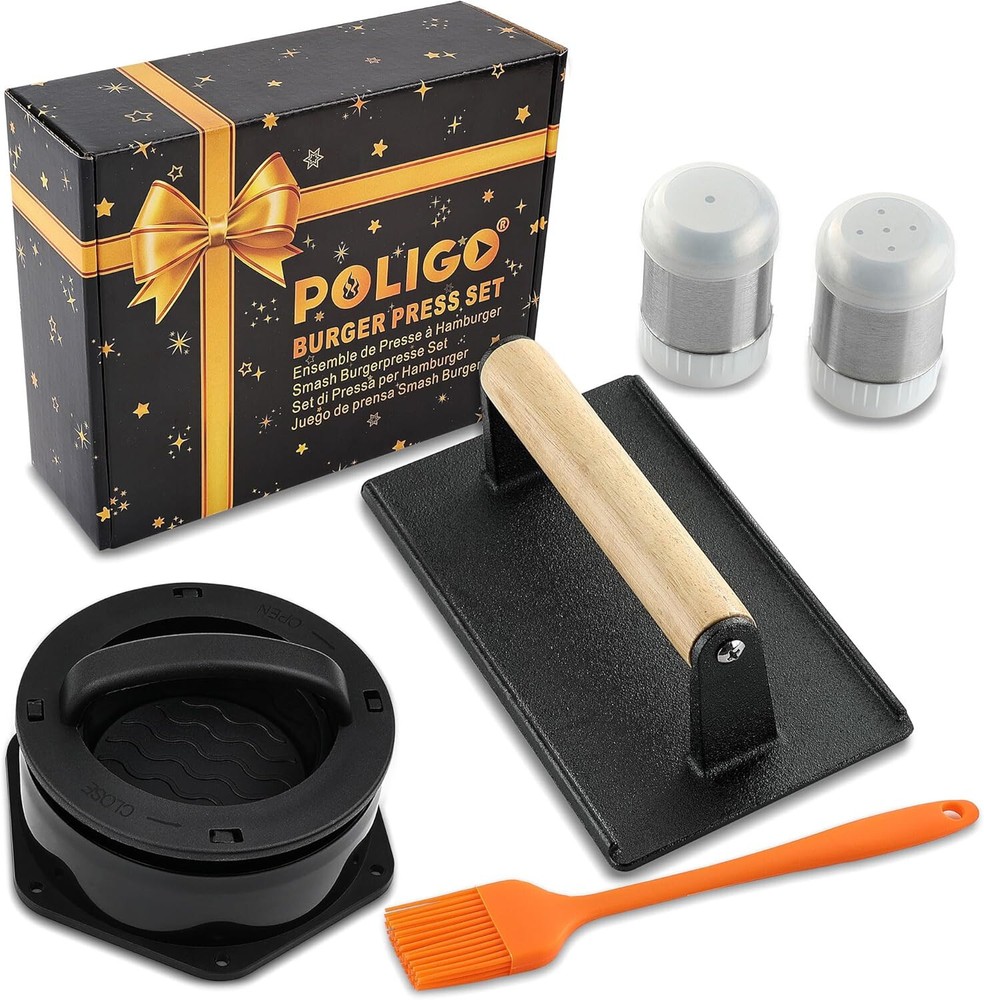 POLIGO 5PC Smash Burger Press Kit - Rectangle Smash Bacon Press and 4 in 1 mold
