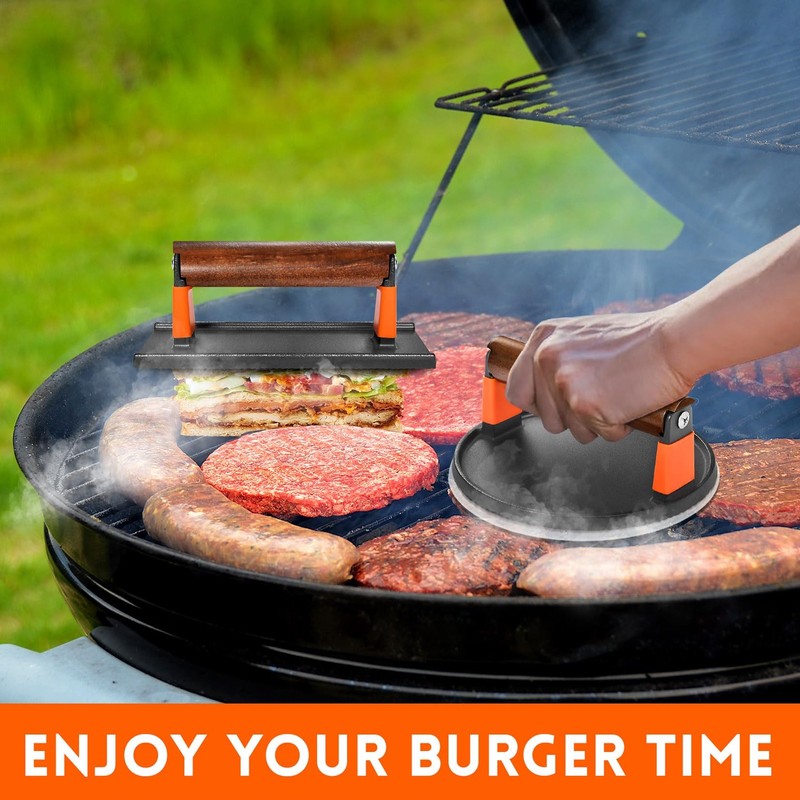 Cast Iron Burger Press Kit 7"Round and 8"x4"Rectangle Smash Set for Grill gallery
