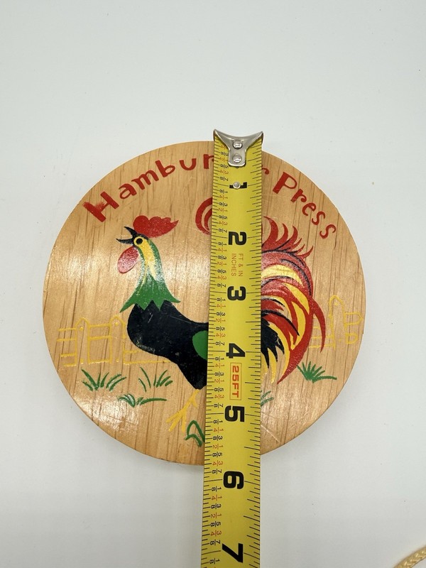 Vintage Wooden Hamburger Press Hinged Kitchen King MCM Rooster gallery