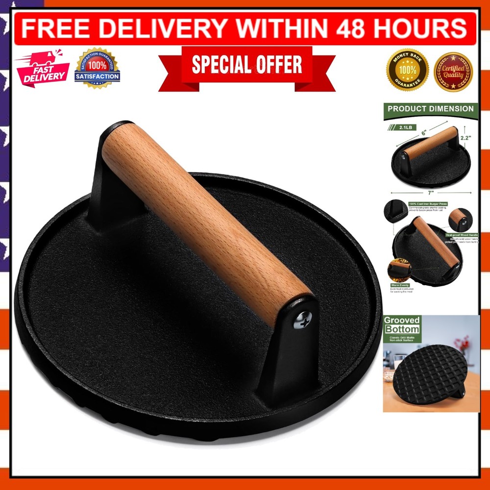 7" Heavy-Duty Cast Iron Grill Press with Ergonomic Wood Handle - Perfect for BBQ